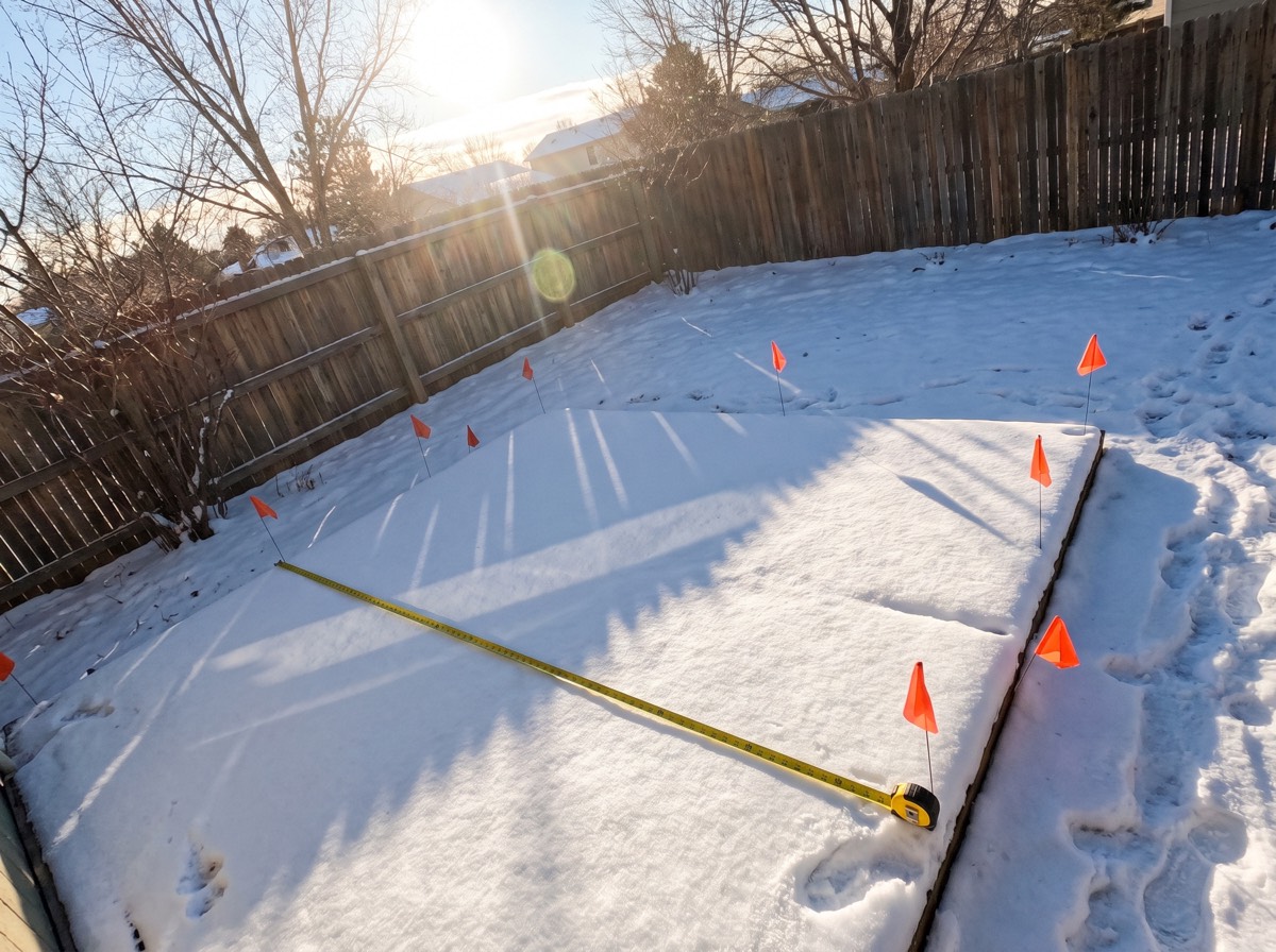 An Arvada yard under February snow, the day he measured it for a design.