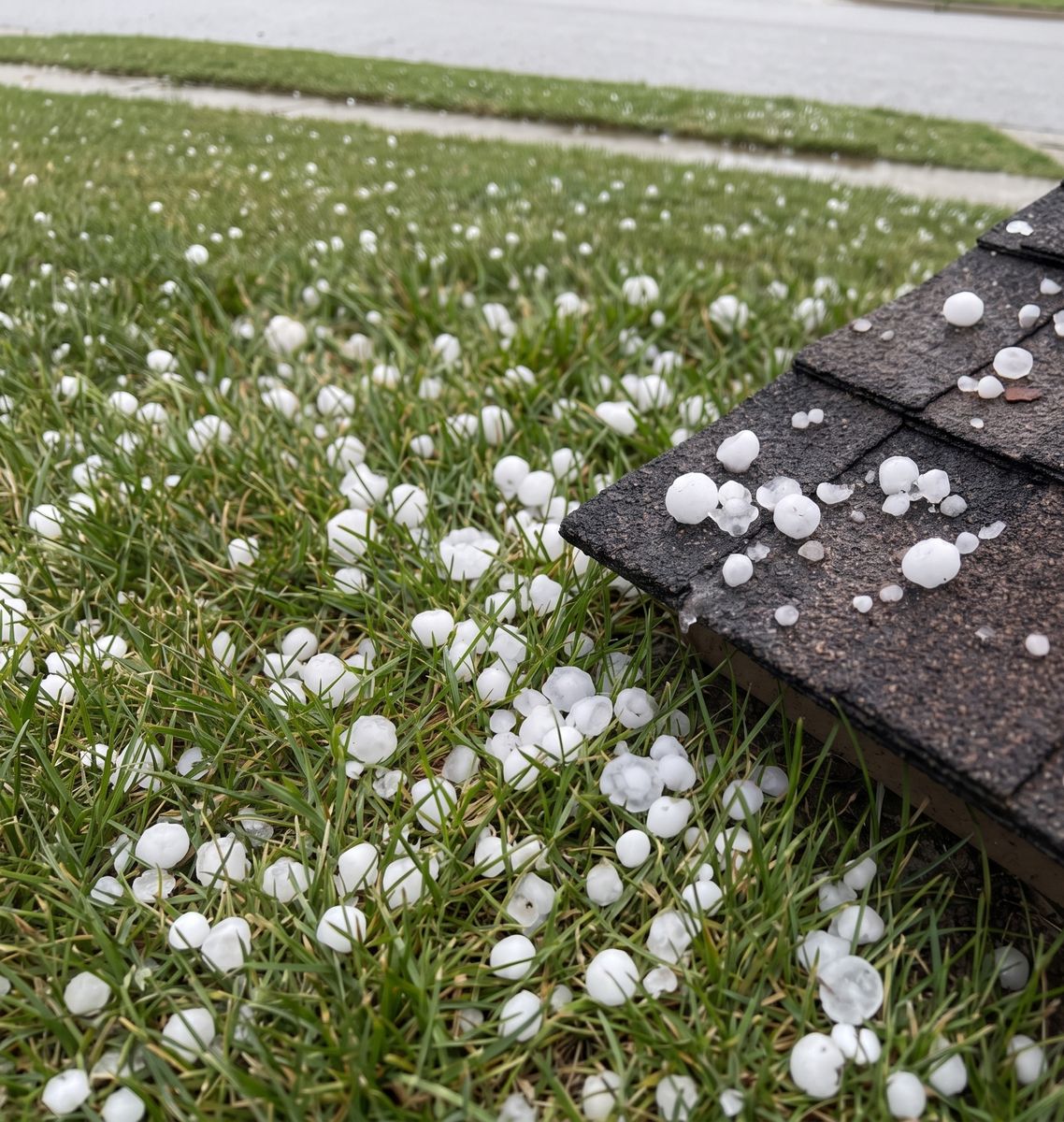 A shingle the storm tore loose, in a customer’s yard. The owner texted it to me at 6:40 the morning after.