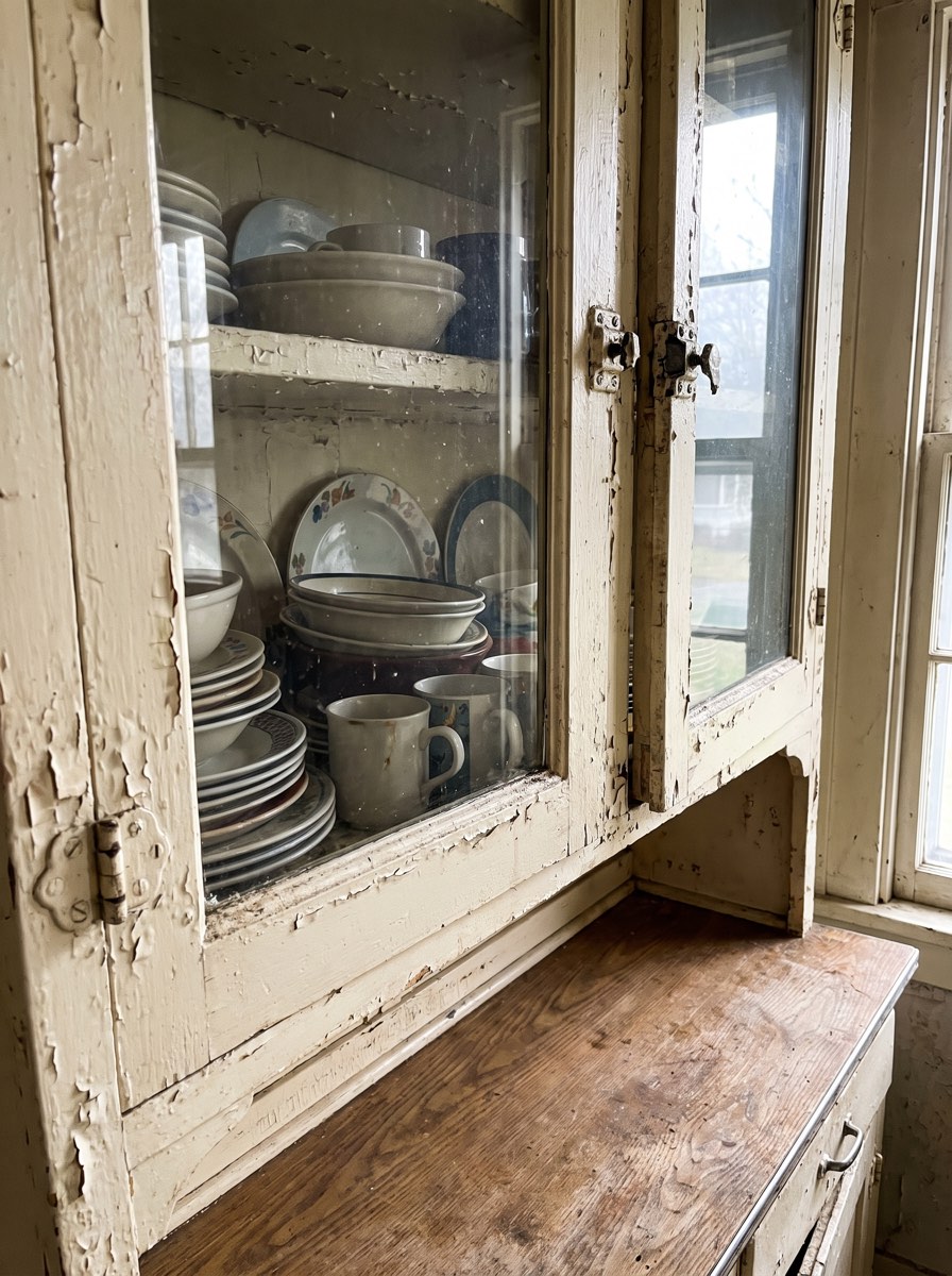 The original hutch before it was restored, with decades of paint on the hinges.