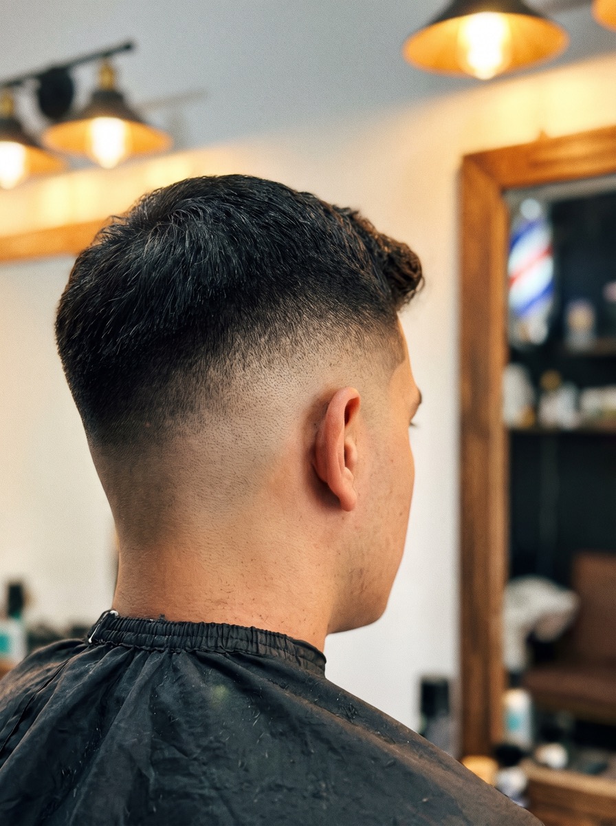 A barber’s own photo of a fresh fade, taken in the chair under the shop lights.
