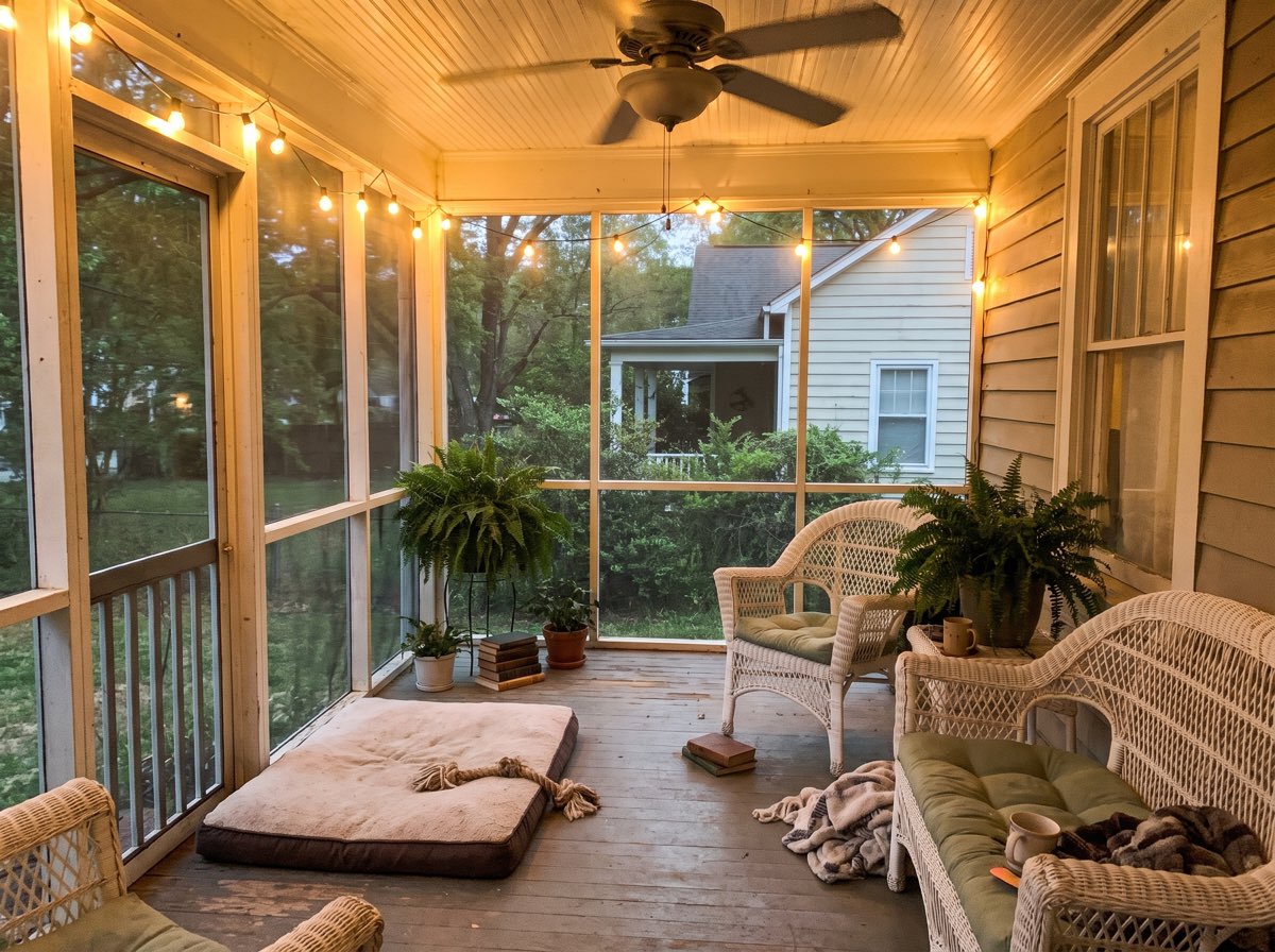 The sellers’ photo of the screened porch on a spring evening, dog bed and all. Every visitor ended up out here.