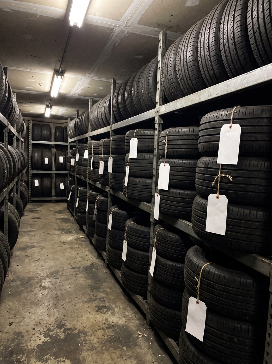 Customers’ stored tires in the back, tagged and waiting for the call.