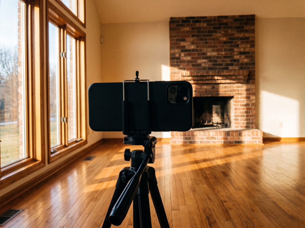 Her setup for a live video tour: a phone on a tripod in an empty living room.