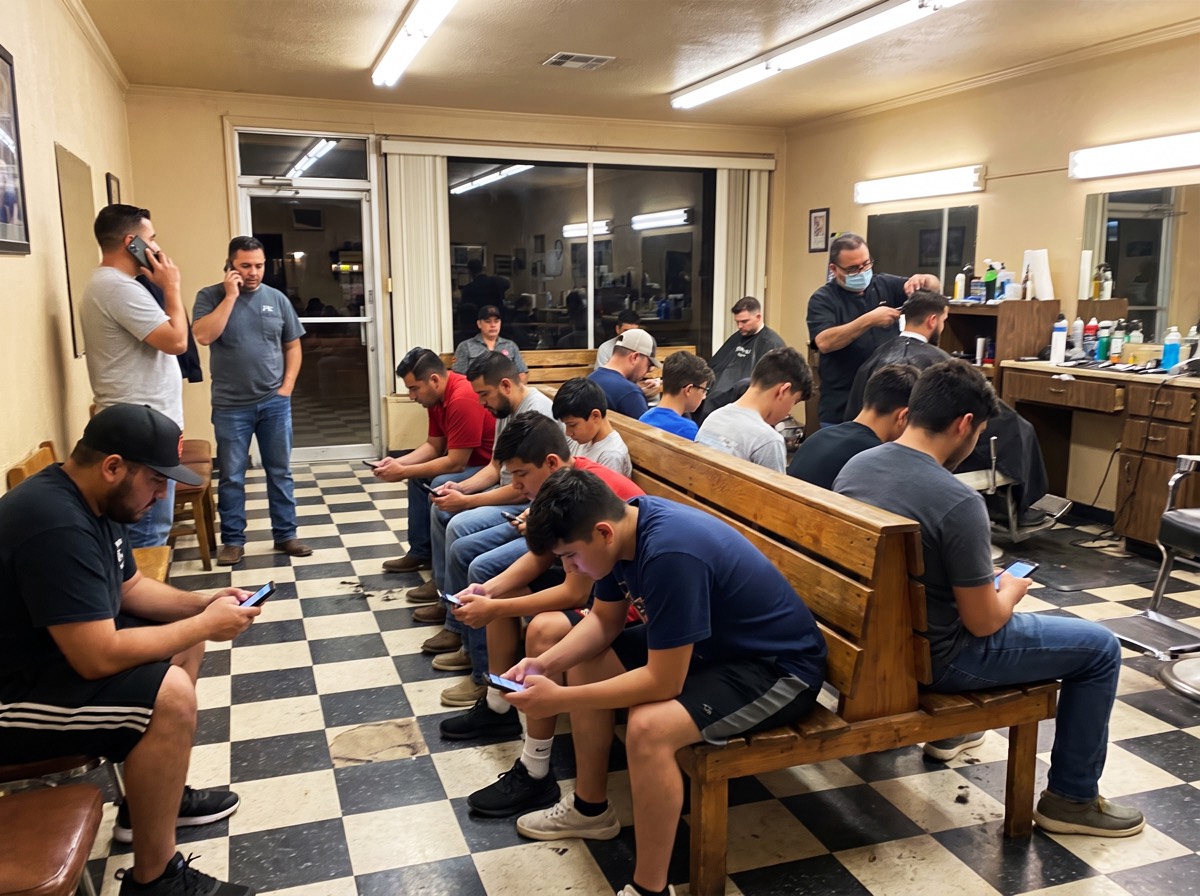 A Friday at 5:30 p.m., taken by the owner from his chair. The bench was full and two more were waiting by the door.
