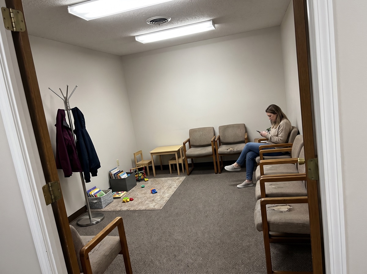 The waiting room at 9:30 on the second Saturday, sent by the office manager with the schedule.