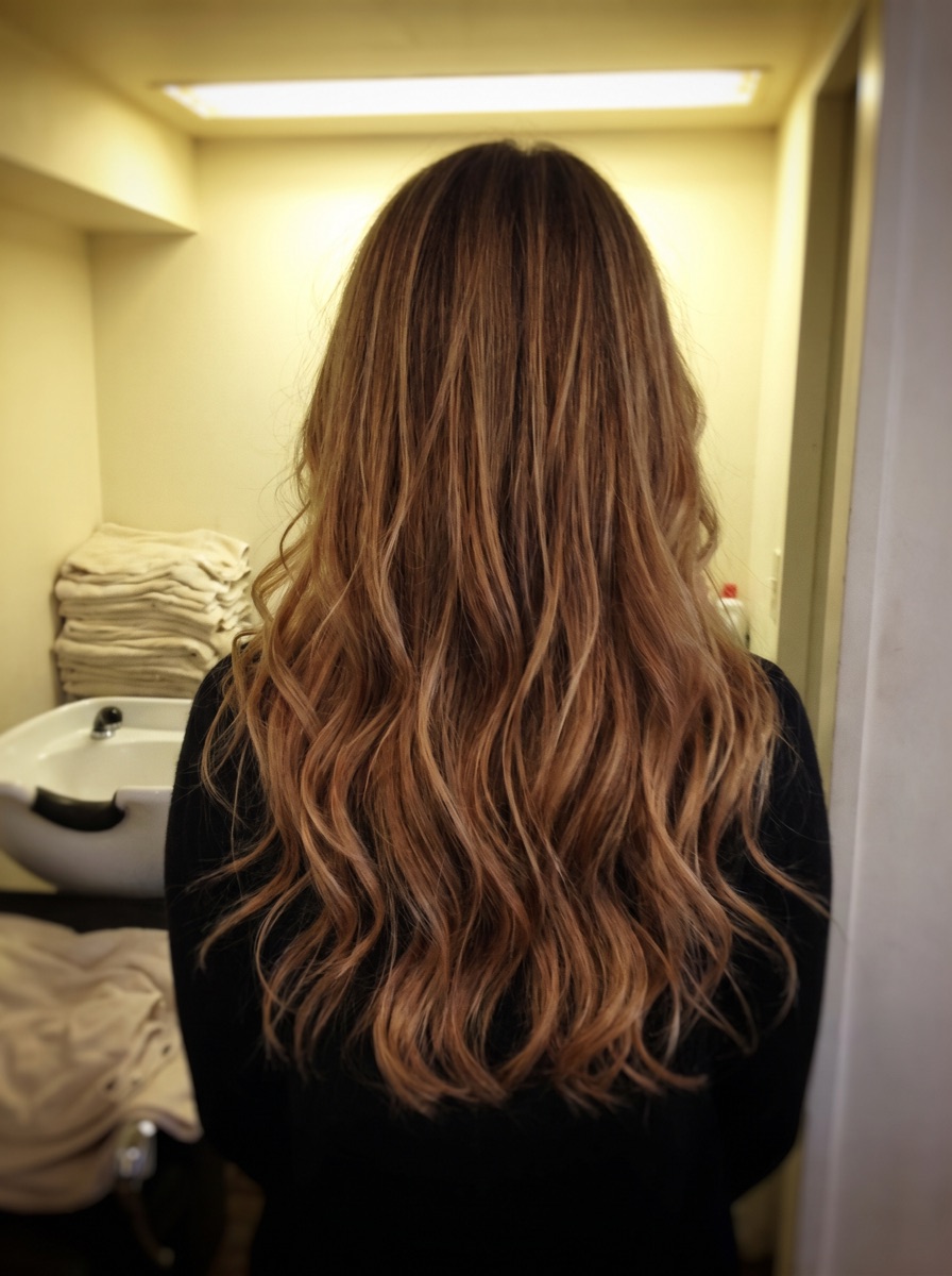 A stylist’s photo of her own balayage, taken in the salon washroom under yellow light.