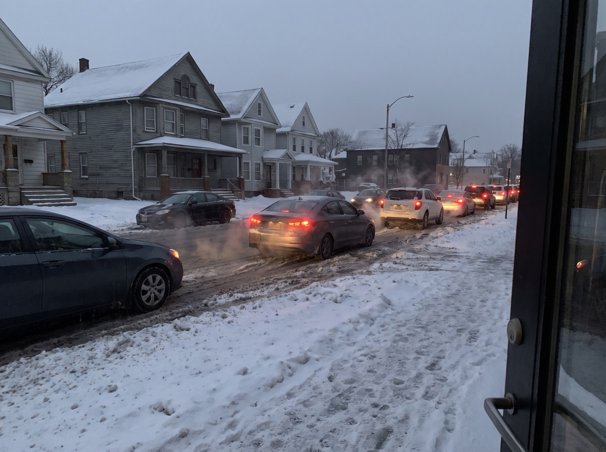 The line out front the morning after last year’s first real snow, from the shop door.