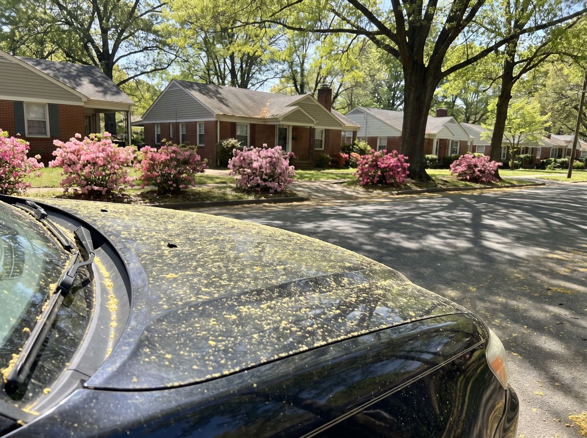 The street out front in the second week of April, pollen on everything.